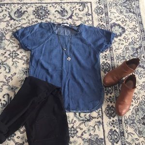 Denim Tunic Shirt With Cuff Sleeves